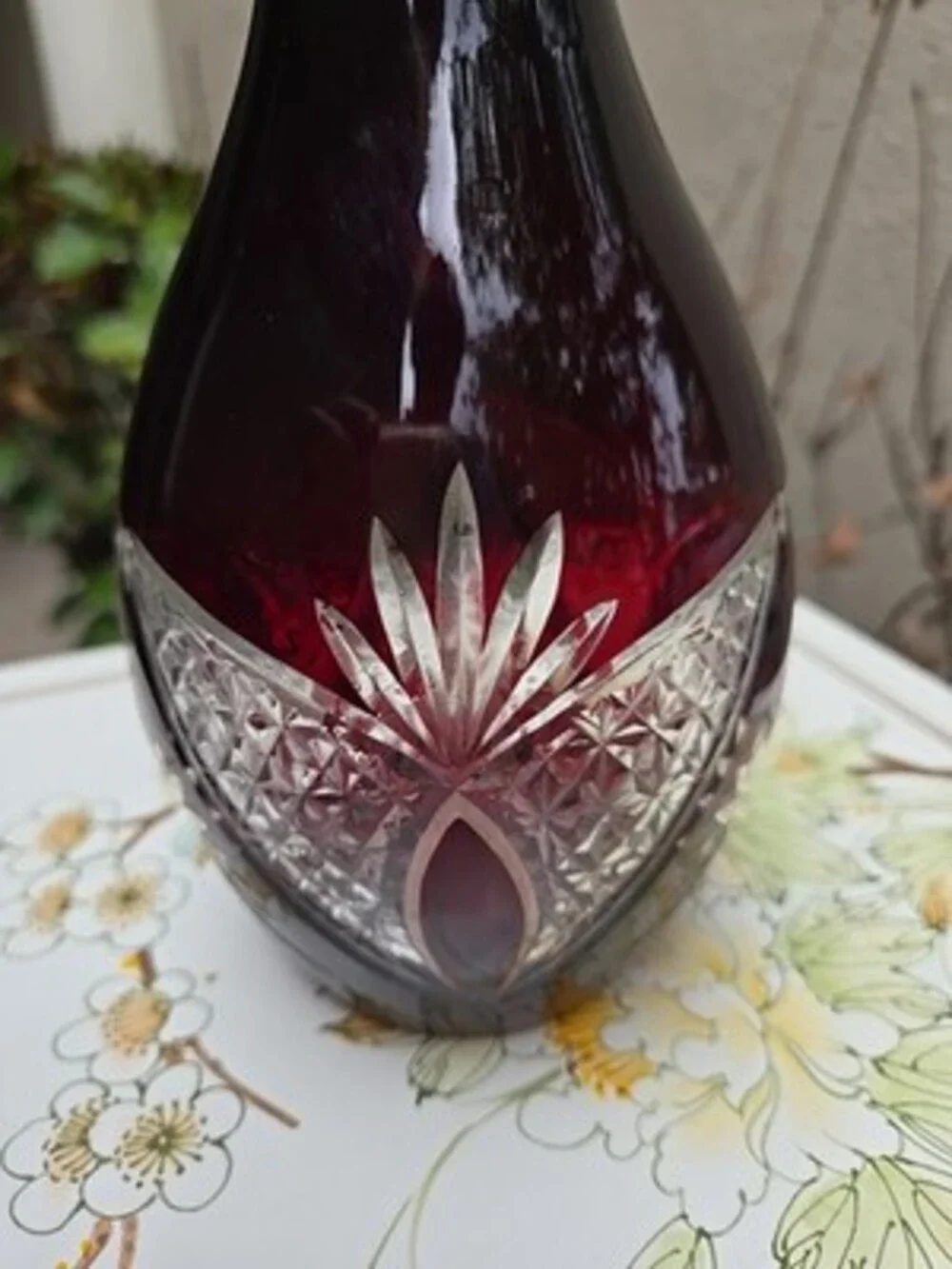 Decanter Red Ruby Bohemian Cut to Clear Glass With Stopper RARE Vintage
